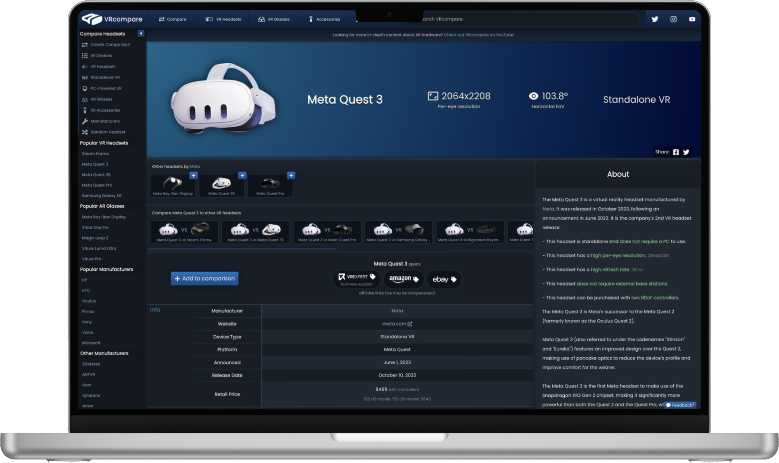 VRcompare on desktop